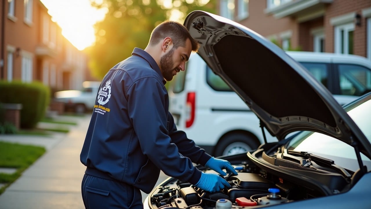A mobile mechanic working on a car engine in a residential Detroit driveway, with tools and diagnostic equipment visible, during a sunny afternoon in an urban neighborhood. The mechanic is wearing branded uniform and gloves, with a service van parked nearby.